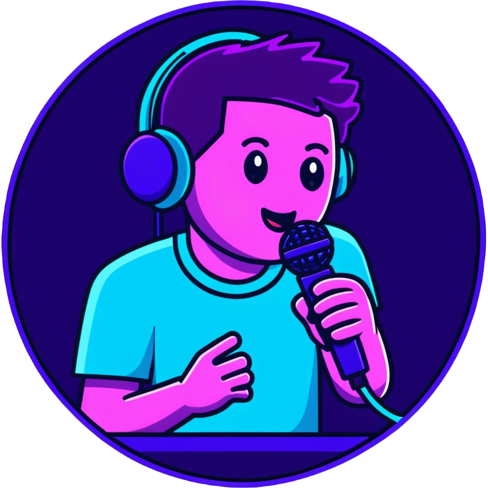 man speaking into a microphone, with neon glow effect, blue neon glow on top left, purple neon glow on bottom right emoji
