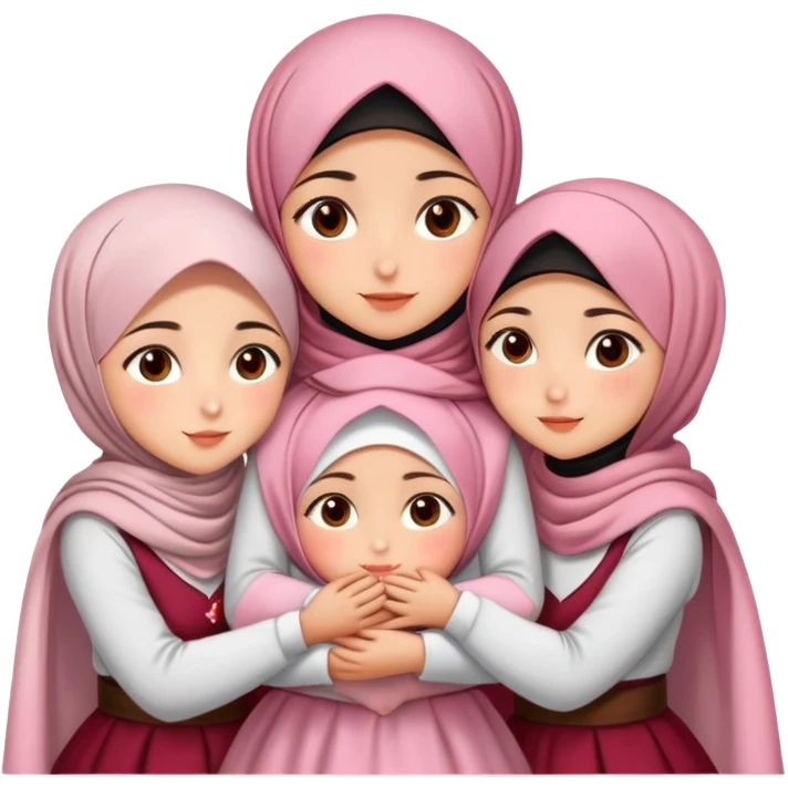 Four sister hugs Turkish girls beautiful finish Konya brown eyes with cherry blossom hijab and heart dress and hugs  emoji