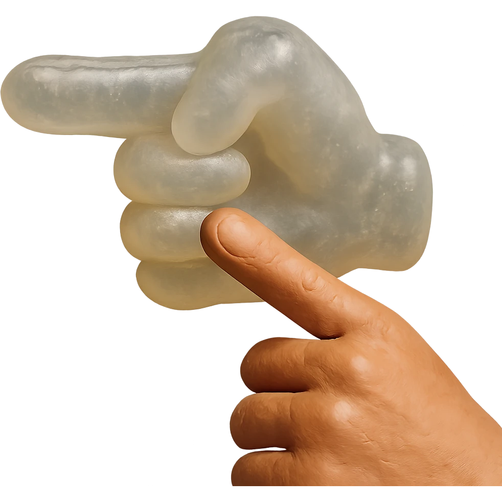 hyper-detailed, hyper-realistic clear-skin hand pointing with index finger, transparent, cloudy, soft plastic like retro 90's toy or gummy, soft, squishy-looking, subtle reflections, no shine, no background transparent, retro, appealing, extremely high quality emoji