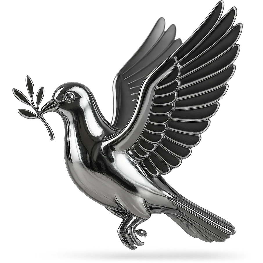 reflective chrome silhouette of a pigeon flying in profile, carrying a branch in its beak emoji