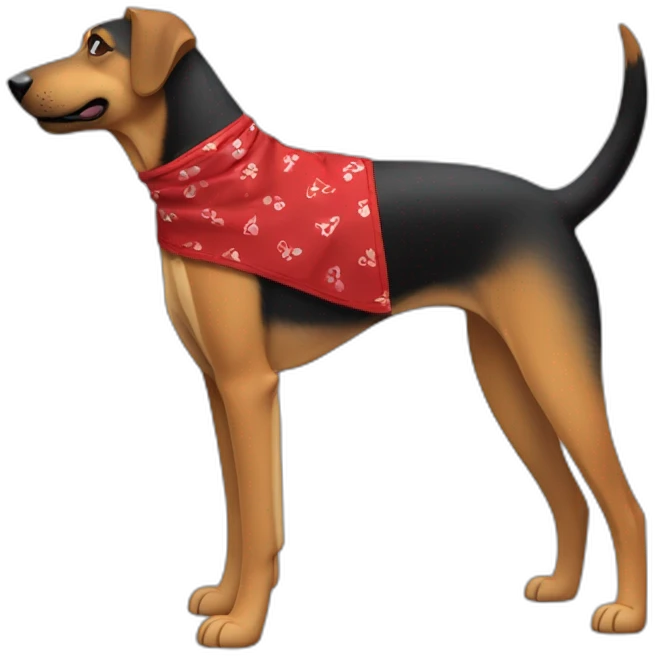 75% Coonhound 25% German Shepherd mix dog wearing small plain red bandana side view full body left facing emoji