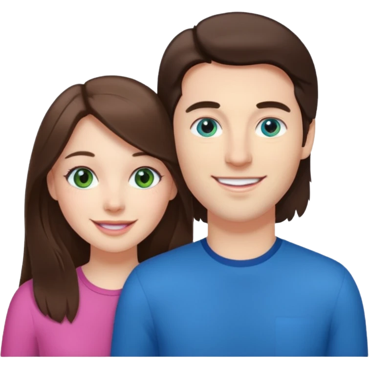 “A pink Polaroid-style photo of a couple: a white woman with long brunette hair and blue eyes, and a white man with short brunette hair and green eyes.” emoji