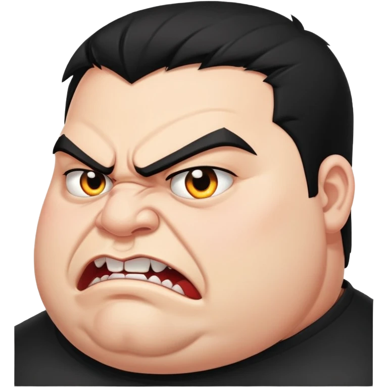 young angry fat man in profile view with black hair, fangs, crossed eyes emoji