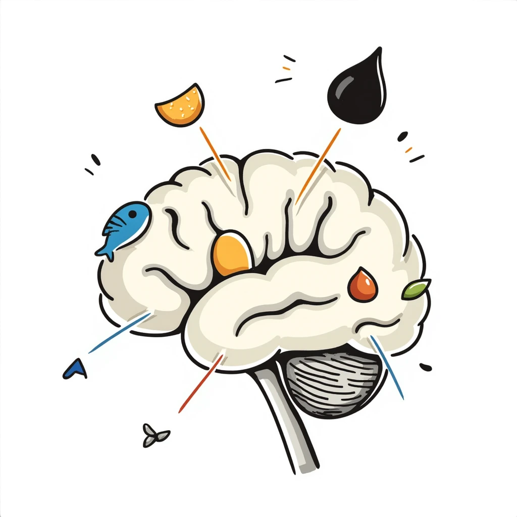 A crystalline brain with pieces of blue fish, egg yolk and fermented soy floating in a spiral around it. Thin light beams connect these foods to bright points on the brain, dissipating mental fog and creating clarity. emoji