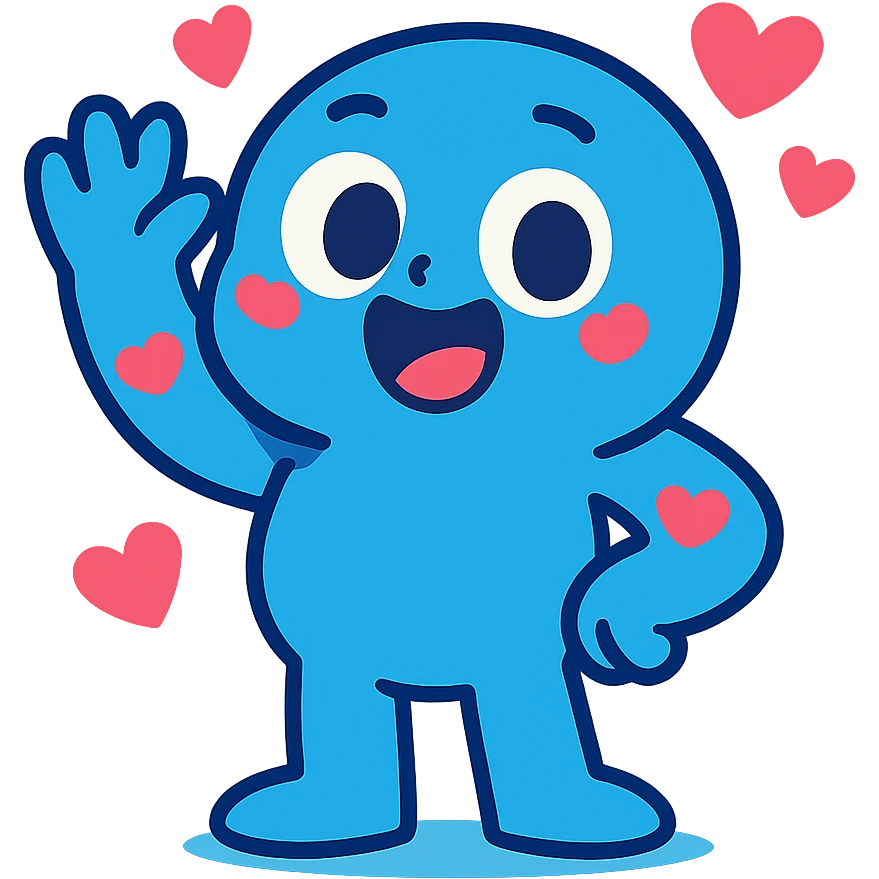 blue cartoon character with heart accents, cute and expressive emoji