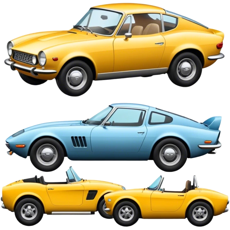 Collage emoji symbolizing a passion for cars: a sleek sports car, a vintage classic car, and an off-road SUV. The background features a cozy garage with tools, car posters, and warm lighting, emphasizing a home hobby atmosphere. Transparent background. emoji