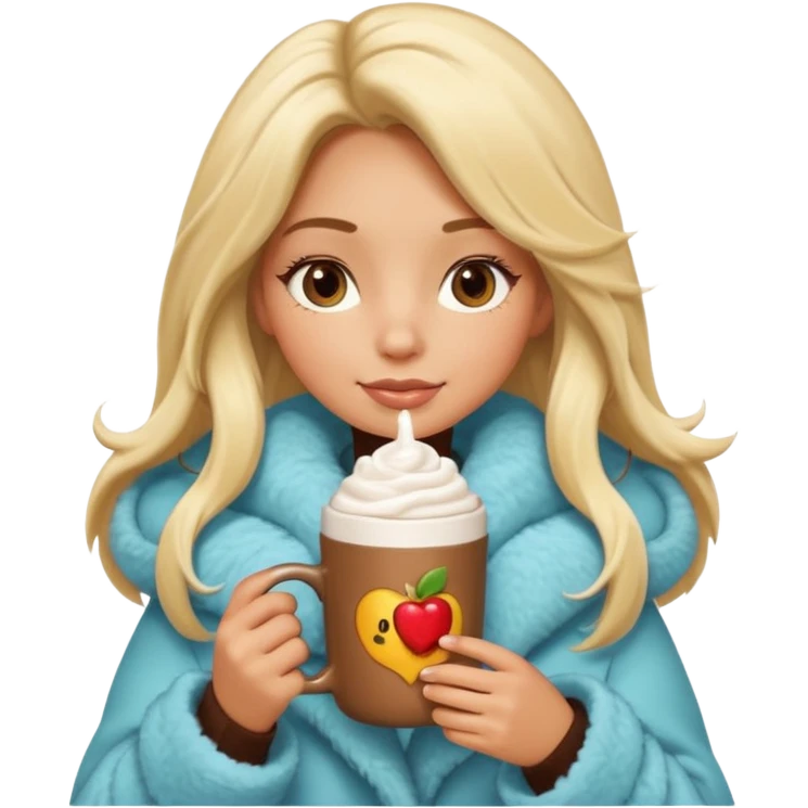 Tanned Girl with lashes , blonde hair, in an extremely big fluffy oversized coat and hold hot chocolate drink and more look like apple emoji face emoji