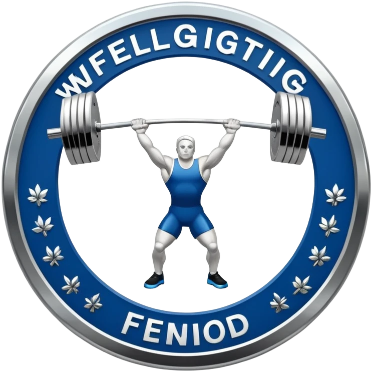 An emblem representing the World Weightlifting Federation with a stylized barbell and global elements. Bold text and clean lines symbolize strength, unity, and competition. Modern, dynamic design with a transparent background. emoji