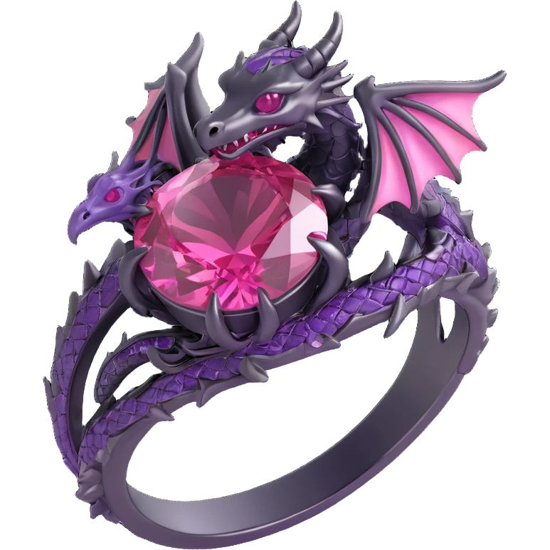 3D gothic dragon ring with pink gemstone, intricate and dark emoji