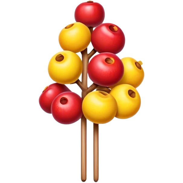Tanghulu candied hawthorn fruits on wooden stick, simplified emoji style with bold outlines and bright colors, cartoon style shiny sugar coated Chinese street snack emoji