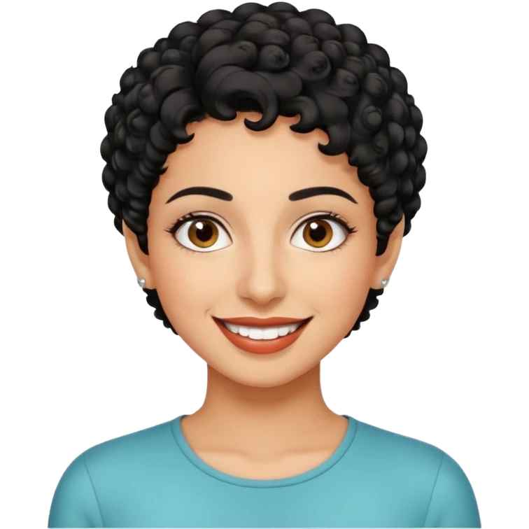 30 year old iranian woman very short curly black hair, big brown eyes, tanned skin, big smile, white teeth, pretty, stylish, shorter hair, boy cut hair emoji