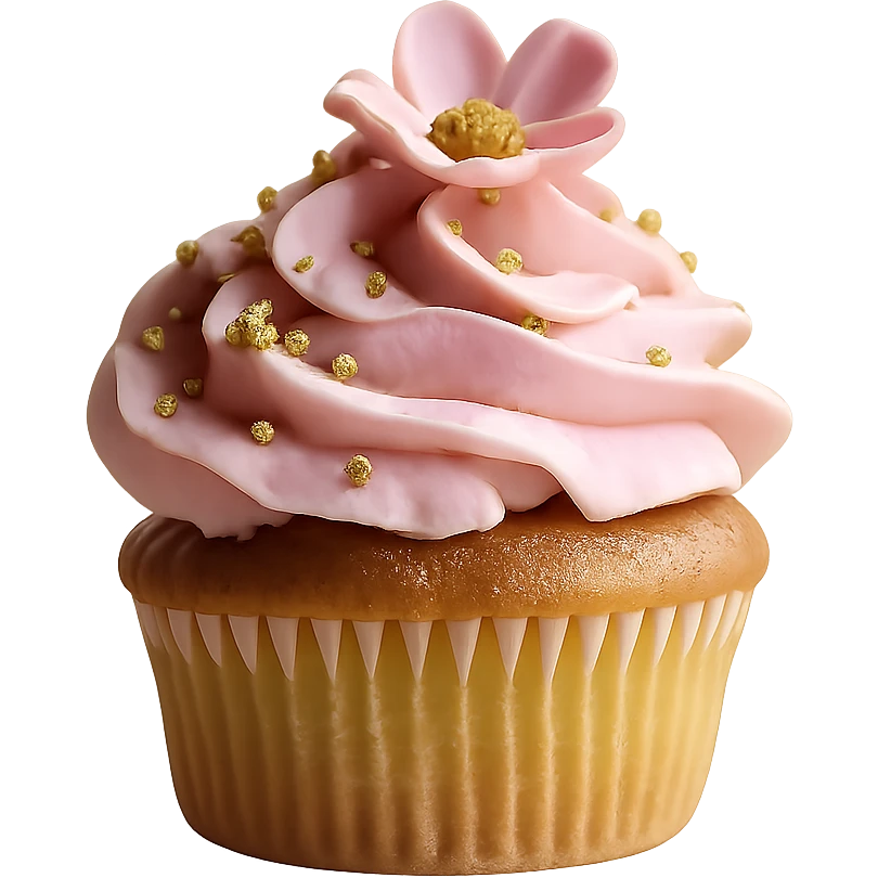 Remove the background, keep only the realistic cupcake with pink icing and accessories, preserve photorealistic style, transparent background. emoji