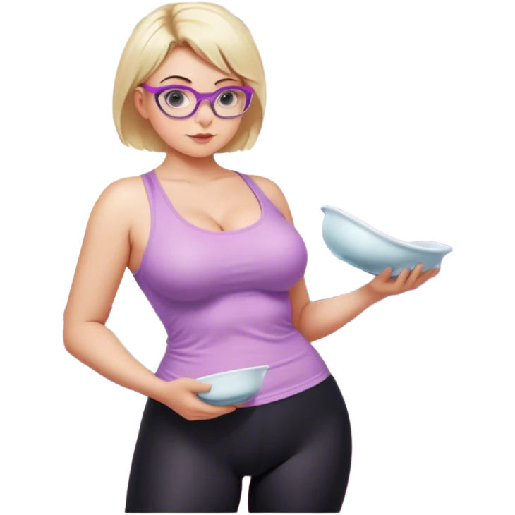 Seductive, Curvy fair skinned woman, short blond hair, small light purple reading glasses, washing dishes, SFW sheer pink tank top, without undergarments SFW, black yoga pants, thick booty emoji