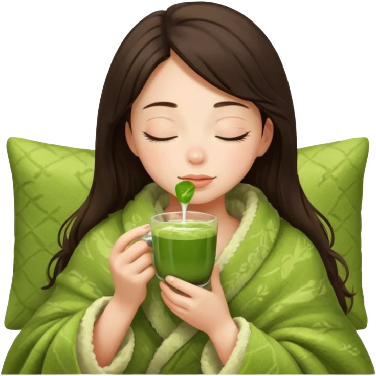 Brunette girl in a blanket sipping matcha eyes closed emoji