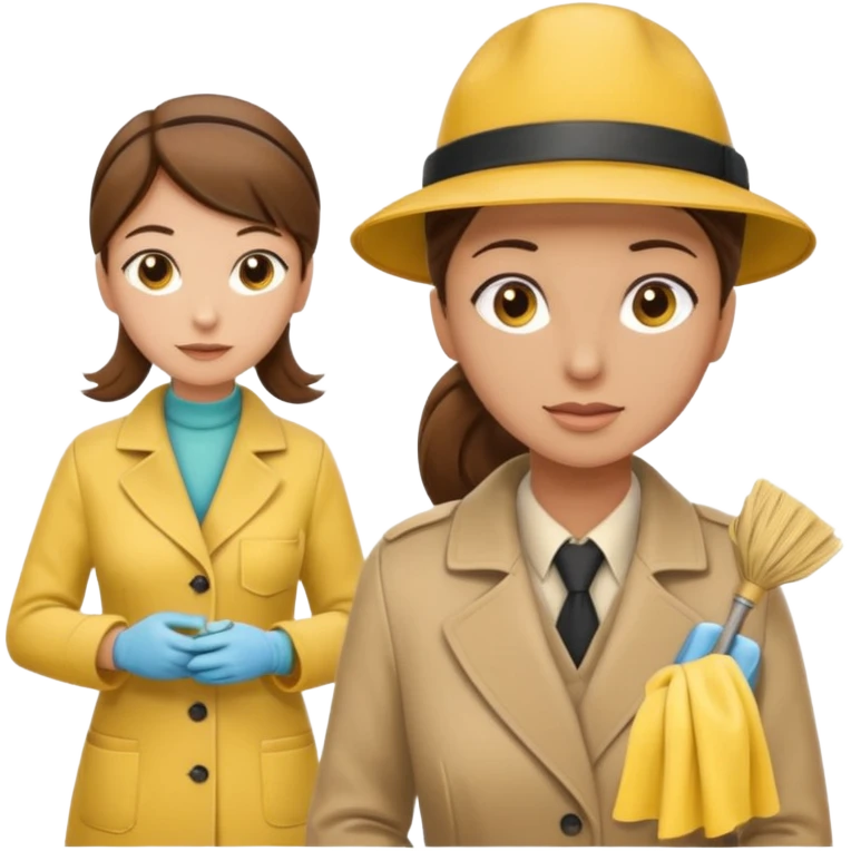 A cleaning Lady with Brown hair, high ponytail and yellow cleaning gloths is Talking to a Detektive (a man) with beige hat, a beige coat and he is interviewing the cleaning Lady emoji