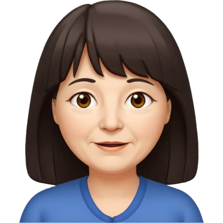 60 yr old woman, long hair to waist, very small brown eyes, long hair, straight dark brown hair, bangs, chubby, long face, very tired but happy emoji