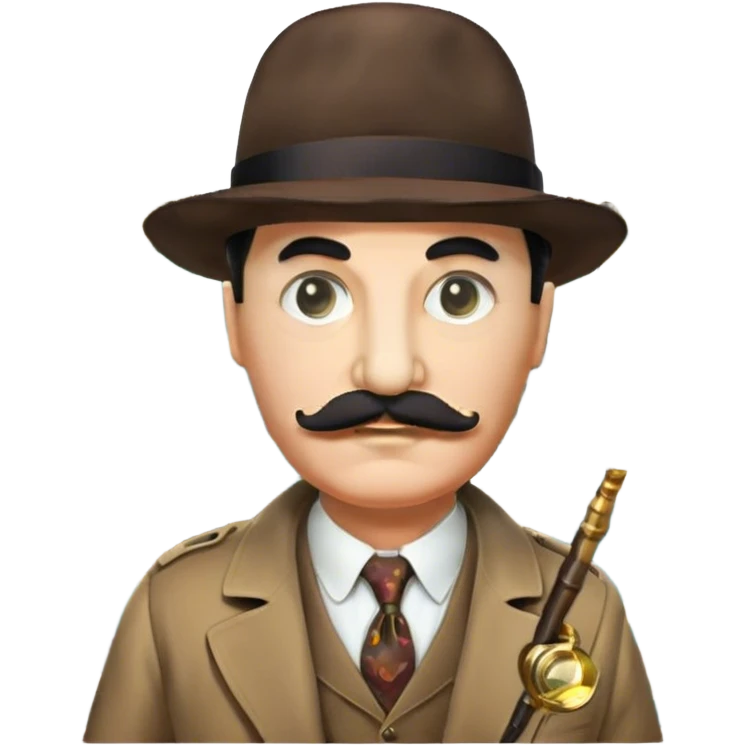 A colorful collage featuring Detective Poirot Detective Poirot with a long curling moustache, with a magnifying glass, revolver and a mysterious city backdrop. Include a board with photos of suspects, fingerprints, and a crime scene. Retro movie poster style. Transparent background. emoji