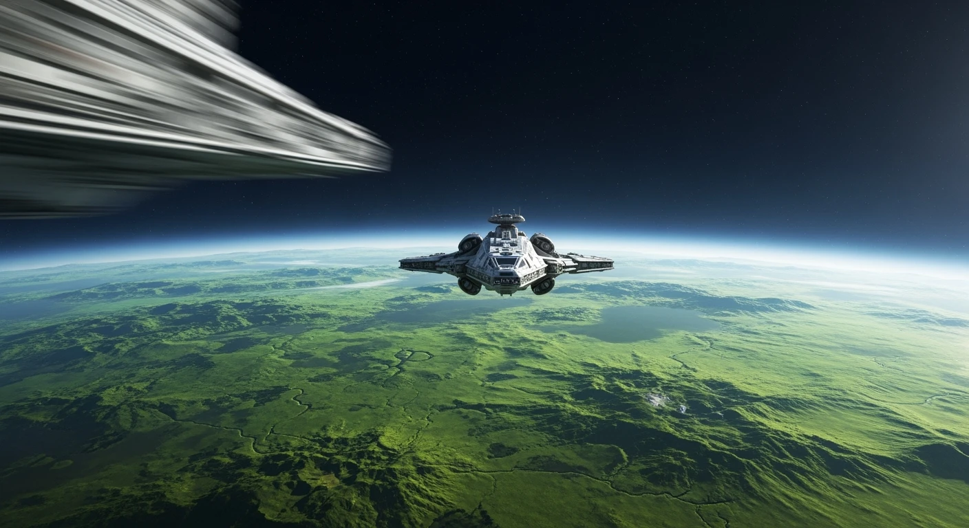 cinematic still, motion blur shutter speed, establishing shot, shot from top, green planet,  starship coming to planet, inspired by StarWars movie, captured by arri alexa  emoji