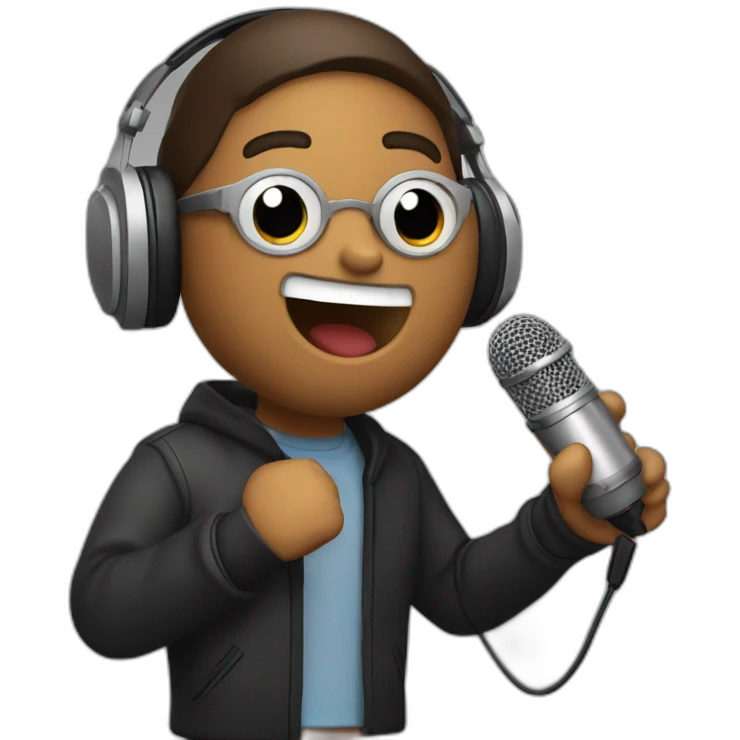 rapero cantando con un microfono de base y audifonos emoji