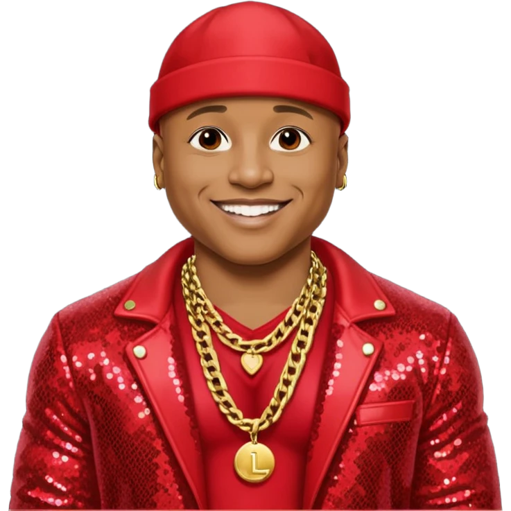 LL Cool J with red sequin jacket, shirtless with necklace emoji