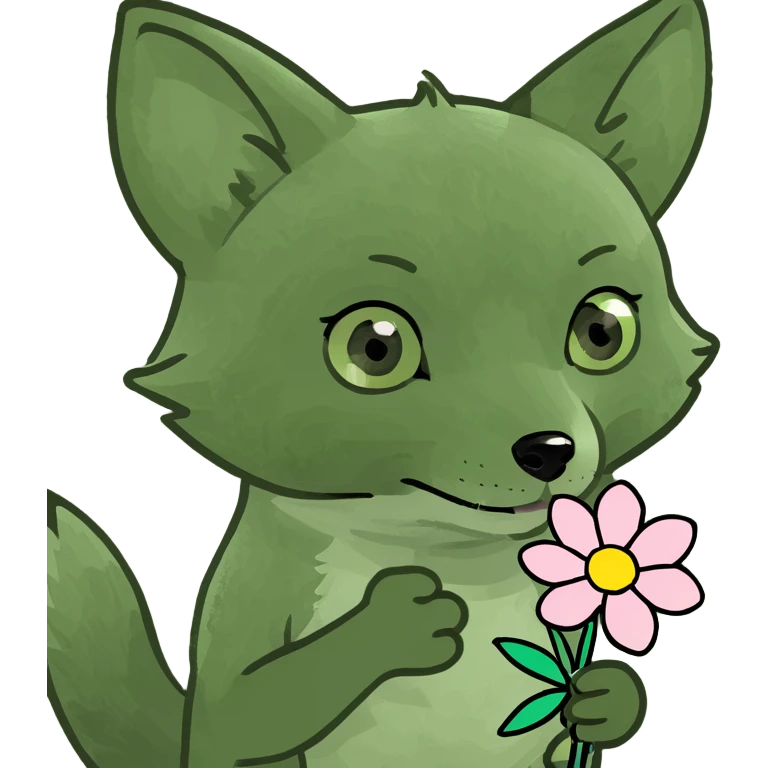 baby fox holding a tiny flower in bufo frog meme style emoji
