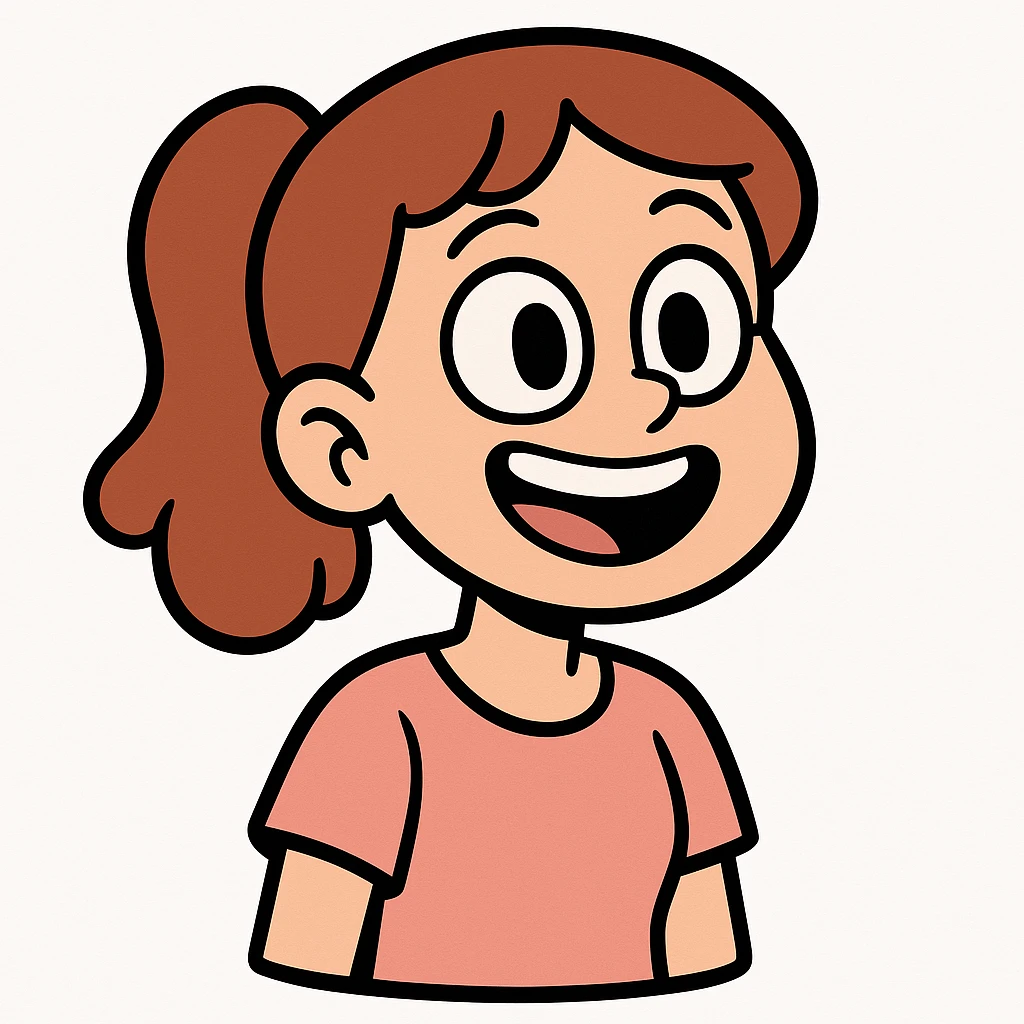 sticker illustration of a happy girl with expressive eyes, simplified features, consistent character design, drawn in flat vector art style with clean black outlines and soft pastel colors, white background, cartoon style matching the sticker reference emoji