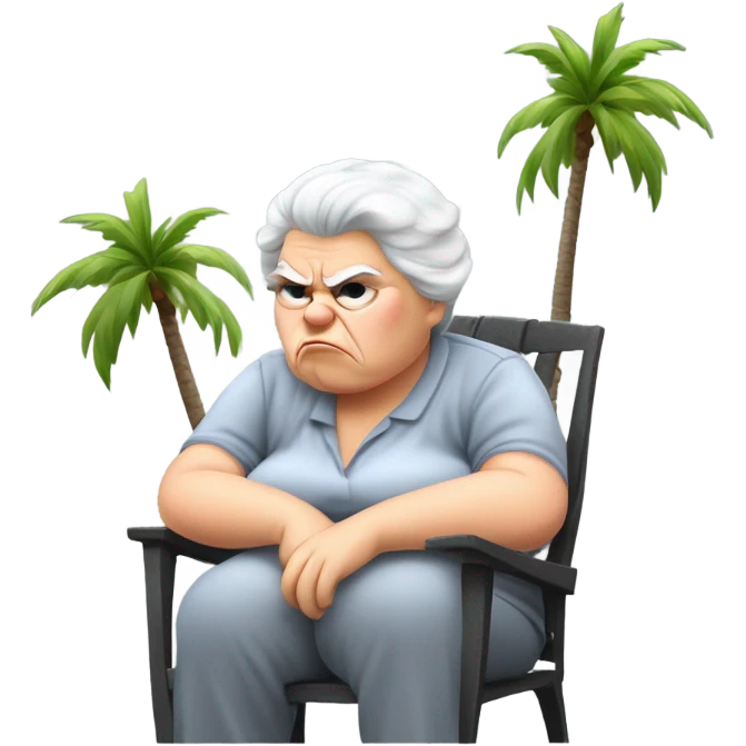 An angry old looking , short fat white lady with grey  hair , sitting outside next to palm trees , on a grey small plastic chair, smoking a cigarette  emoji