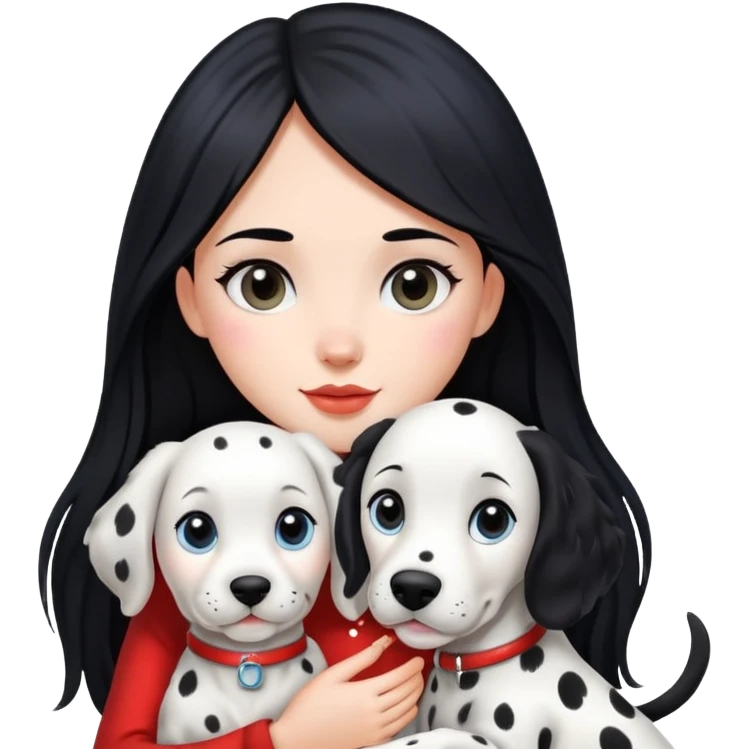 A girl with long black hair is holding a Dalmatian emoji