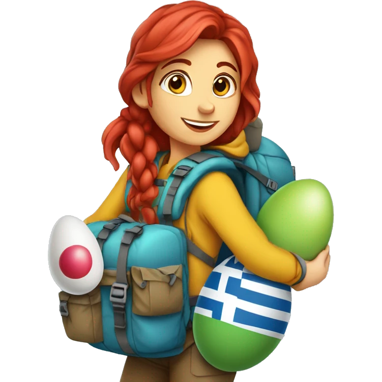 Female winter mountain climber red loose hair climbing with Greek flag on backpack and holding Easter eggs basket emoji