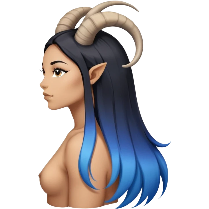 Art of woman's very large sexy body scheme anatomy-very long straight black to blue hair ombre-side view-small goat horns emoji