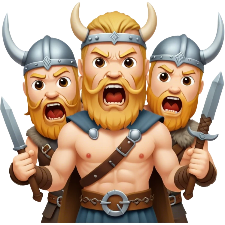 three different Vikings scream, weapons in their hands, realistic emoji