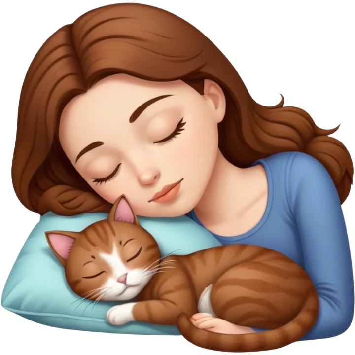 White girl brown hair sleeping with brown kitty emoji