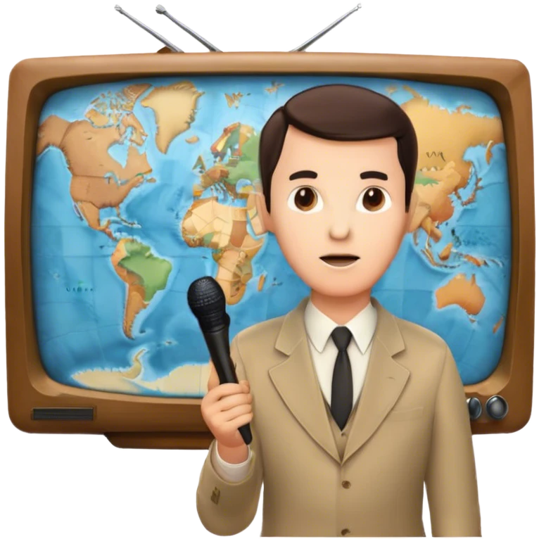 Icon for Documentary Film (TV style): A large vintage TV screen with a serious-looking host standing in front of a map. The host holds a microphone, and the map displays historical or geographical information. Retro TV broadcast style. Transparent background. emoji