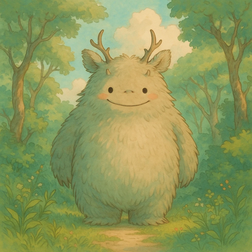 friendly forest monster with soft colors and whimsical atmosphere in ghibli style emoji