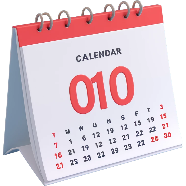 Apple-style 3D emoji icon of a calendar in perspective view, minimalistic design, only one centered date number, no month name, no weekday, no text or symbols other than the single number, realistic glossy material, soft depth, clean and detailed rendering emoji