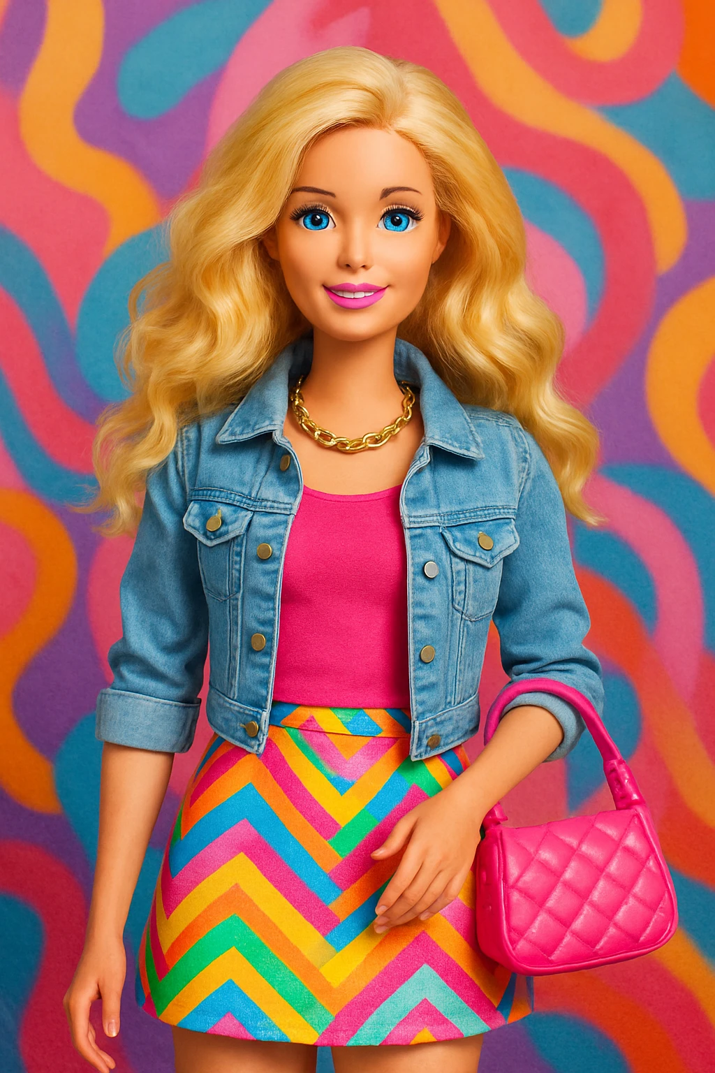 Barbie with wavy blonde hair, trendy outfit, holding a purse, friendly expression emoji