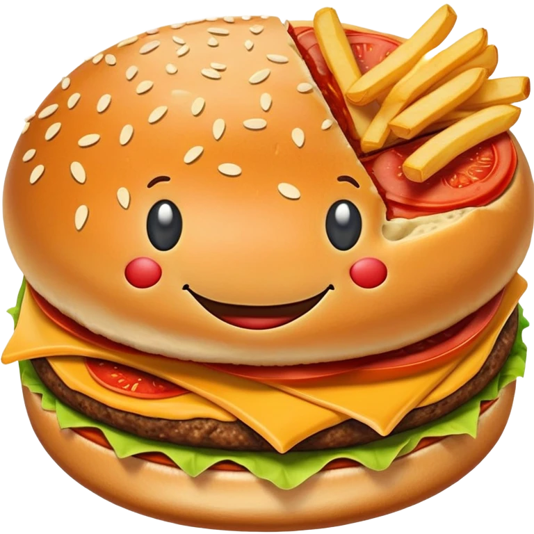 A happy smiling burger next to a pizza slice and french fries emoji