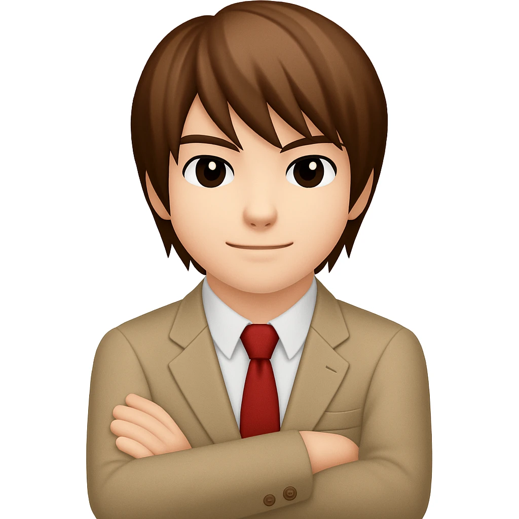 Create an image of Light Yagami from Death Note in the style of apple emojis. He has brown hair and is wearing a school uniform. He is standing with arms crossed and has a confident expression. emoji