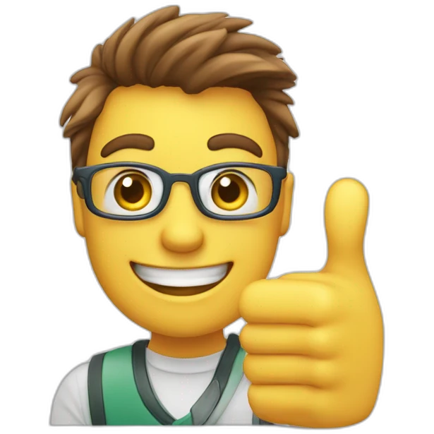 a cheerful student giving a thumbs up to an progress chart emoji