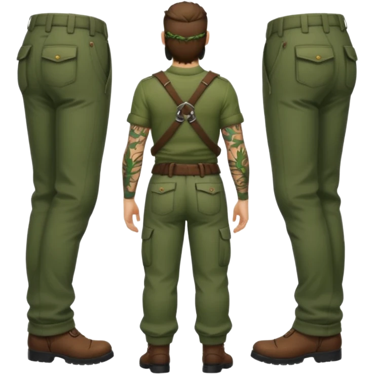 full body ranger style man, medium beard, from behind, low waist forest trousers, vine tattoos across back emoji