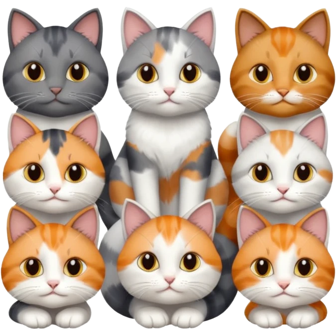 6 realistic looking cats with different natural coloured coats, assorted grey and white, greys, calico, brown and white colours etc
 emoji