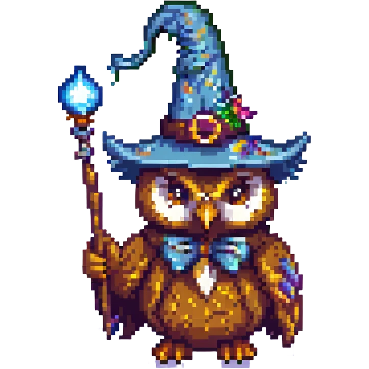 pixel art owl with a wizard hat and magic wand emoji