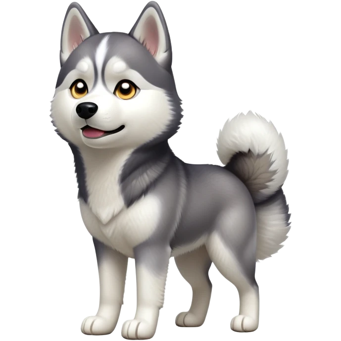 cinematic-[siberian husky]-realistic-full-body-standing-emoji,-tail-resting-loosely-beside-its-paws,-head-tilted-dramatically, -fluffy-[grey and white]-fur,-simplified-yet-realistic-focused-features,-highly-detailed,-glowing-with-an-almost-sarcastic-glow emoji