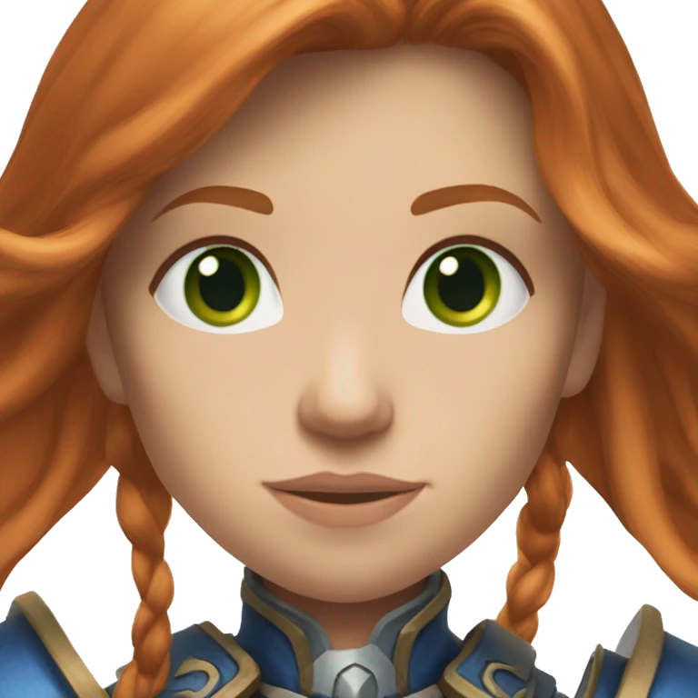 femae human from world of warcraft, ginger hair, green eyes, long hair, blue armor emoji