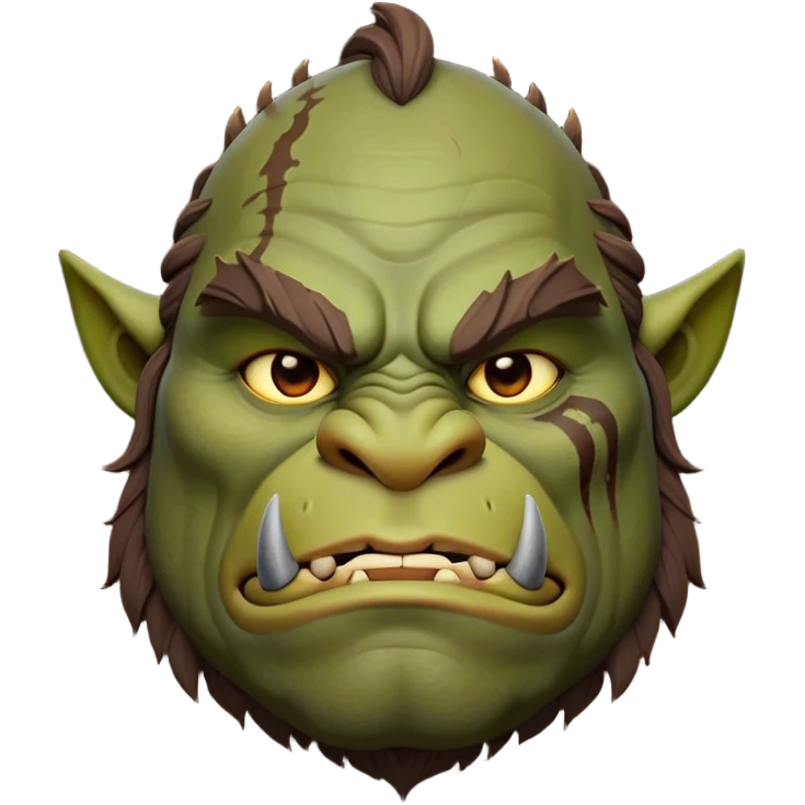 Cinematic Noble Ogre Portrait Emoji, Majestic and imposing, with a rugged, muscular form in deep earthy greens and browns, adorned with battle scars and subtle tribal markings, exuding calm, noble strength and unexpected wisdom, simplified yet strikingly detailed, glowing with a shadowy outline that captures the essence of a gentle giant with fierce heart! emoji