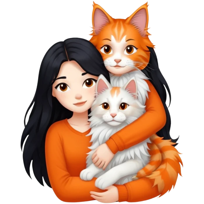 A girl with long black  hair tightly hugged a Maine coon emoji