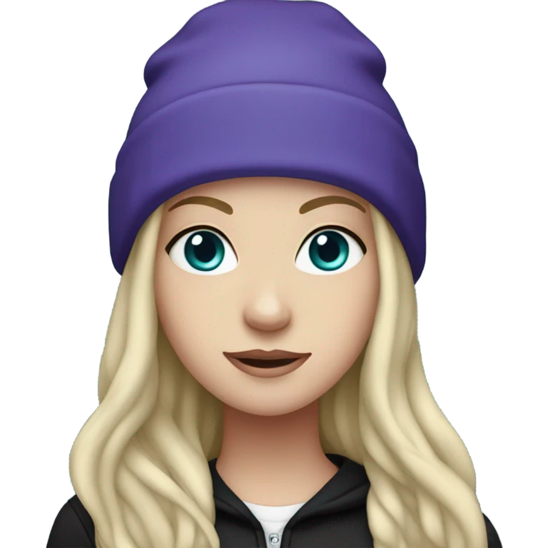 White girl, blue eyes, long teal hair, purple beanie hat, black hoodie, blue jeans, black shoes emoji
