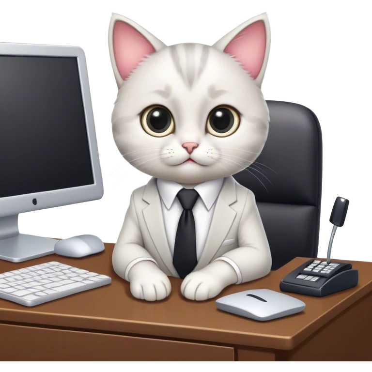 A cute cartoon cat with big, expressive eyes, wearing a tiny business suit and tie, sitting at a miniature desk with a computer, looking focused and adorable emoji
