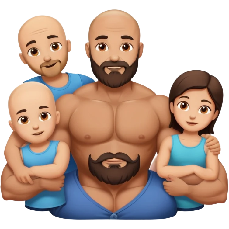 Muscular Bald man with a beard crazy in love with his young brunette wife and 3 sons emoji