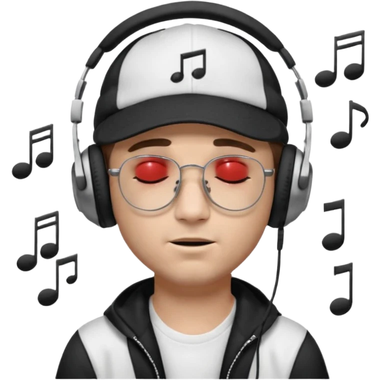dj man white with baseball cap - rayban glasses - brown hair - closed eyes with headphones on with musical note over head (listening to music ) - eyes closed no glasses - black hat  musical notes floating around head emoji